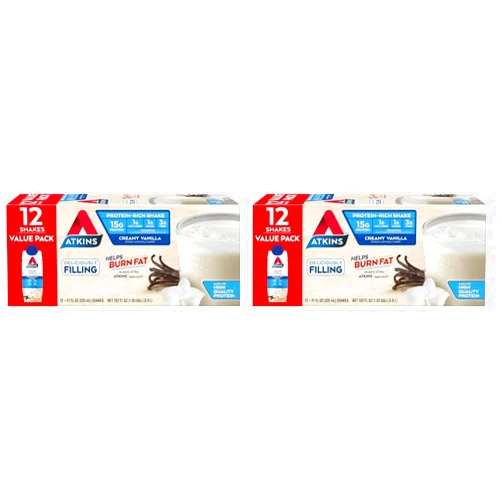 Atkins Creamy Vanilla Protein Shake, 15g Protein, Low Glycemic, 2g Net Carb, 1g Sugar, Keto Friendly, 12 Count (Pack of 2)