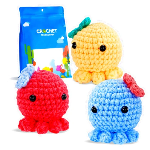 LIGHTWISH Crochet kit for Beginners, Starter Crochet Animals Kit with Step-by-Step Video Tutorials, DIY Knitting Supplies Beginners Crochet Pack for Adults,Teens and Kids, Birthday Holiday Gift -Four Octopuses