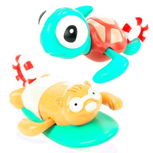 DUCKBOXX XX Pull-String Wind-up Swimming Beach Buddy Bath Toys, No Battery Mold-Free Anti-Rust Interactive Montessori Toy for Kids (Turtle & Beaver -- 2pcs)