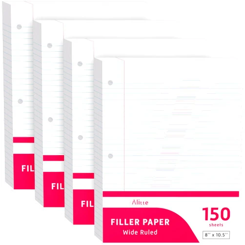 Alitte Loose Leaf Paper, Wide Ruled, 600 Sheets (150/Pack) Filler Paper for Writing Notes - School, College, Office - 3 Hole-Punch Lined Sheets for Ring Binders, Pocket Folders - White, 8 x 10.5