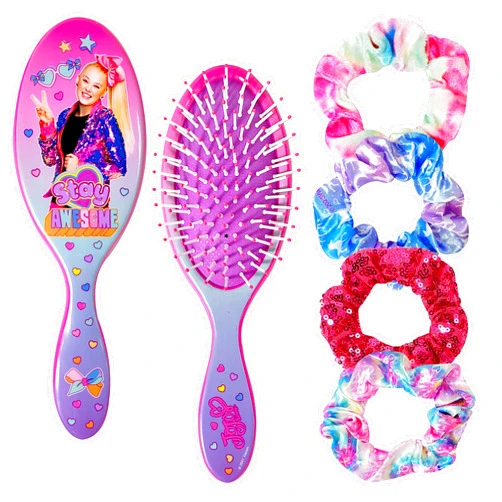 LUV HER Nickelodeon Jojo Siwa Hair Brush & 4 Scrunchies - Girls 9inc Hair Set, Detangling Brush for Thick Curly Thin Wet or Dry Hair - Hair Accessories for Kids Ages 3+