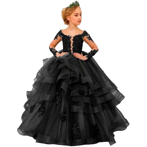 ADNEVT Princess Long Sleeve Flower Girl Dresses Tulle Appliques Ball Gown Pageant Dress for Kids Party Gowns
