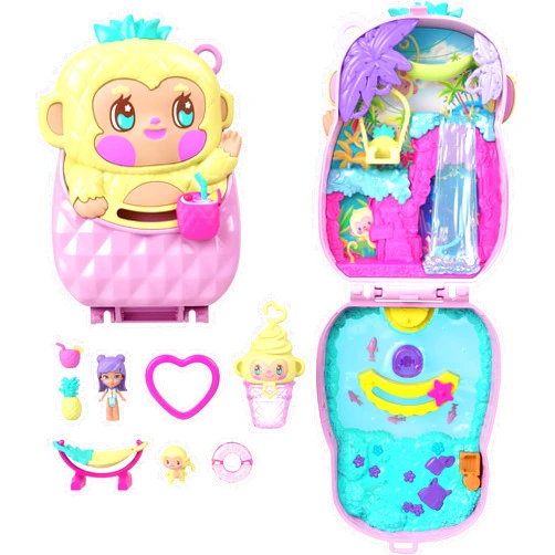 Polly Pocket Dolls and Playset, Pineapple Monkey Compact, Travel Toy with 1 Micro Doll, Pet, Hammock, Fruit Themed Accessories