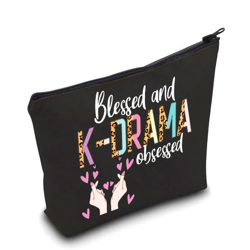 LEVLO Korean Drama Cosmetic Make Up Bag K-Drama Lover Gift Blessed And K-DRAMA Obsessed Makeup Zipper Pouch Bag (K-DRAMA Black)