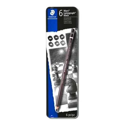 Staedtler Mars Lumograph Black, Carbon Blend Provides Jet Black Lines, Professional Art Pencils, Tin of 6 Assorted Black Sketch Pencils, 100B G6