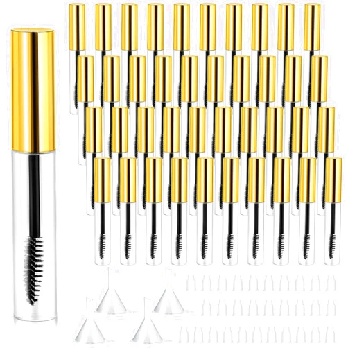 Maitys 40 Pieces 10 ml Empty Mascara Tubes Eyelash Wand Refillable Clear Bottles Eyelash Cream Container Bottle with 4 Pieces Transparent Funnels Transferring Castor Oil for DIY Cosmetics (Golden)