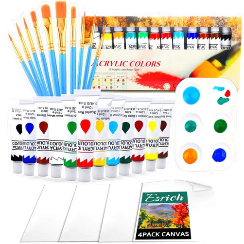 ESRICH Acrylic Paint Set,Paint Set with 10 Paint Brushes12 Color 12ml Acrylic Paint,1 Palettes and 4 Pcs Canvas for Students, Artists and Beginner Art Supplies