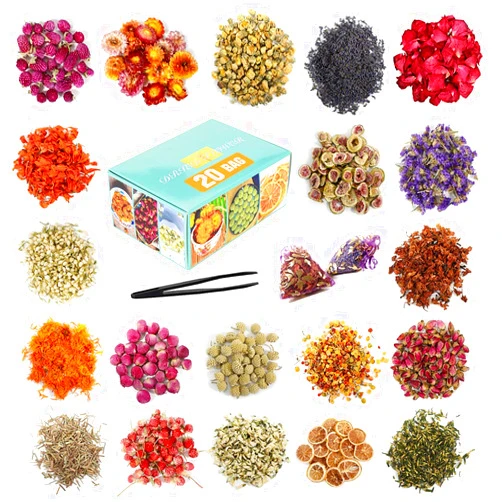 SACATR 20 Bags Dried Flowers,100% Natural Dried Flowers Herbs Kit for Soap Making, DIY Candle Making,Bath - Include Rose Petals,Lavender,Don't Forget Me,Lilium,Jasmine,Rosebudsand More