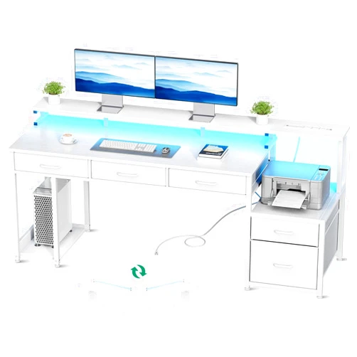 AODK 71 Inch Computer Desk with File Drawer, Reversible Office Desk with 4 Drawers & Power Outlet, LED Strip, Home Office Desk with Monitor Shelf & CPU Stand, White
