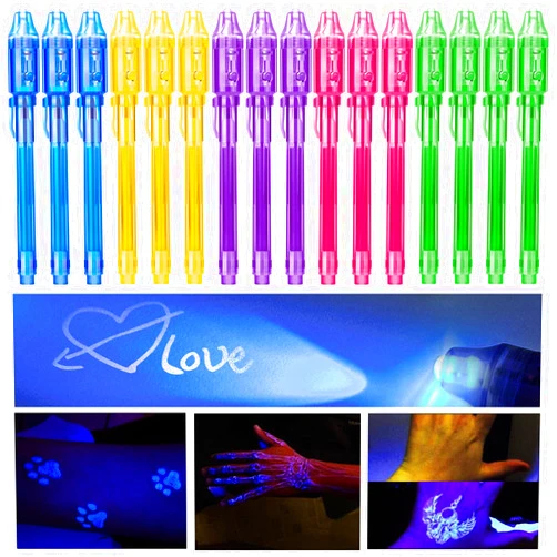 STENDA Invisible Ink Pen for kids 16Pcs: Spy Pens with UV Light Party Favors - School Classroom Students Prizes - Magic Gifts Birthday Goodie Valentines Black Markers Halloween Easter Day Christmas Gift