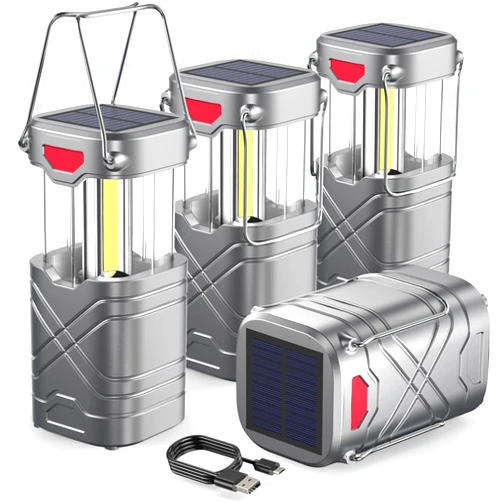 LETMY 4 Pack Camping Lantern, Rechargeable LED Lanterns, Solar Lantern Battery Powered Hurricane Lantern Flashlights with 3 Powered Ways & USB Cable for Emergency, Power Outage, Hurricane Supplies