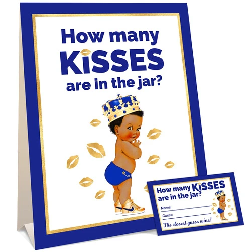 Bella and Bentley Novelty African American Little Prince Baby Shower Games for Boy - Guess How Many Kisses Game (Sign with 30 Cards)