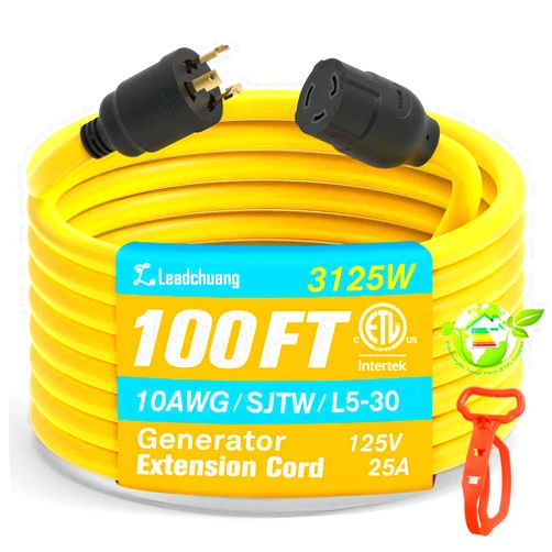 Leadchuang 30 AMP Generator Cord 100 FT, 10AWG Generator Extension Cord 3 Prong with L5-30P/L5-30R, 125V/30A/3750W Generator Power Cord SJTW Extension Cord Featuring L-M-E Certified Top-Grade Copper