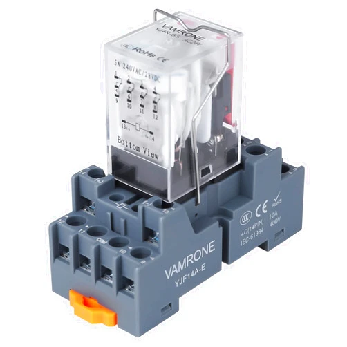 VAMRONE Electromagnetic Power Relay, 14-Pin 5 AMP 24V AC Relay Coil with Socket Base, LED Indicator, 4PDT 4NO 4NC - MY4NJ [Applicable for DIN Rail System]