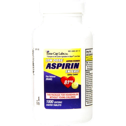 Time Cap Labs Aspirin Adult Low Dose Enteric Coated Generic for Bayer, 81 mg, 1000 Tablets per Bottle 1000 Count (Pack of 1)