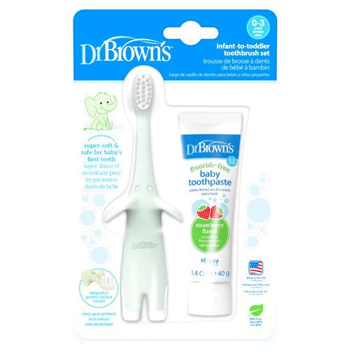 Dr. Brown's Infant-to-Toddler Training Toothbrush Set, Mint Elephant with Fluoride-Free Strawberry Baby Toothpaste, 0-3 Years (Styles May Vary)