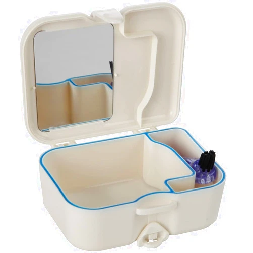 OS SmileWorld Denture Cup - Set with Mirror and Denture Brush -Denture Case, Leak- Proof -Compatible with Retainers, invisalign, Mouth guard. Denture Cleaner Perfect for Travel and Storage.