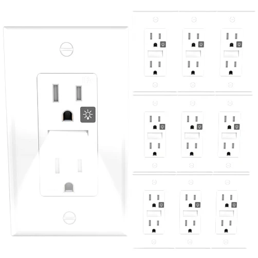 SOZULAMP White Outlets Receptacles with Night Light,Decorator Electrical Tamper Resistant Wall Outlet 15 Amp 125Volt, Guide Light Outlet with Covers Wall Plate(10 Pack)