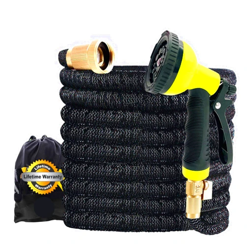 J&B XpandaHose 75ft Expandable Garden Hose with Holder - Heavy Duty Superior Strength 3750D - 4 -Layer Latex Core - Extra Strong Brass Connectors and 10 Spray Nozzle w/Storage Bag (Black 75)