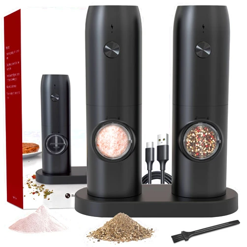 Jeadiuwe Electric Salt and Pepper Grinder Set of 2, Automatic Pepper Mill,USB Rechargeable, Adjustable Coarseness, One-handed Operation, Ceramic Burr, Refillable, Auto Grinders with Charging Base LED Light