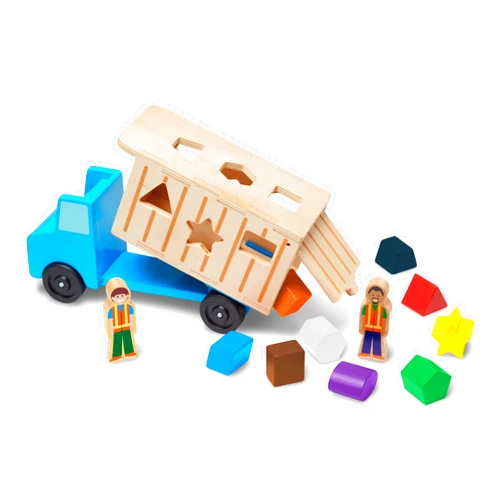 Melissa & Doug Shape-Sorting Wooden Dump Truck Toy, Quality Craftsmanship, 9 Colorful Shapes and 2 Play Figures, 7.5' H X 10.75' W X 4.75' L