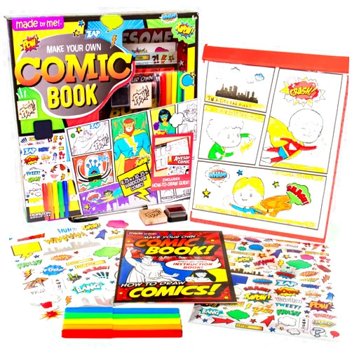 Made By Me Make Your Own Comic Book Storytelling Kit for Kids, 15-Page, Hardcover, How-to Draw Instructional Guide, Comic Inspired Stickers & Stamp, Holographic Stickers, 5 Vibrant Markers