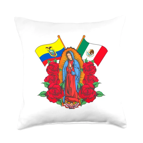 Our Lady of Guadalupe. Emperatriz de América Virgen de Guadalupe con Bandera ecuatoriana y Mexicana Throw Pillow, 18x18, Multicolor