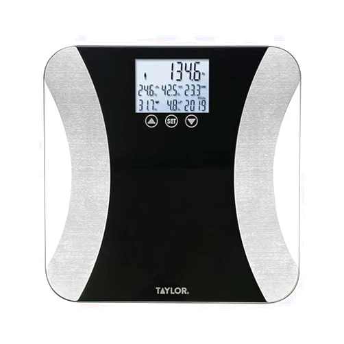 Taylor Digital Glass Body Composition Scale - Measures Body Fat, Water, Muscle Mass - Athlete Mode, 8-User Recognition, 500 lb Capacity, Black
