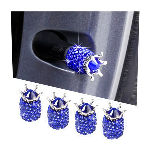 Mandark 4pcs Crown Tire Valve Stem Caps, Aluminum Alloy Wheel Valve Covers, Bling Crystal Rhinestone Car Wheel Tire Valve, Corrosion Resistant Leak-Proof Decoration for Most Vehicles（Dark Blue）