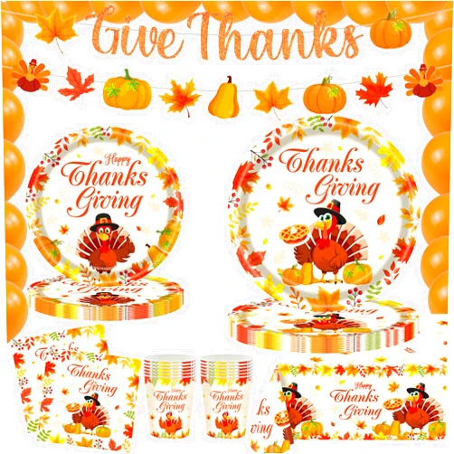 VDESFUEBY Thanksgiving Paper Plates,Thanksgiving Disposable Dinnerware Plate Set, Includes Plates,Cups,Napkins,Banner,Balloons and Disposable Tablecloth Party Table Decorations Supplies