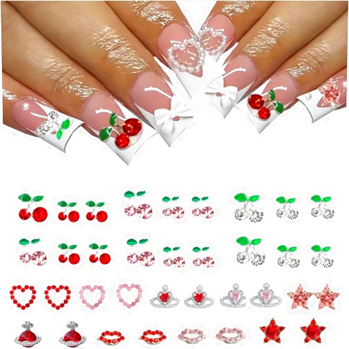 COOSLIM 30 Pcs 3D Cherry Nail Charms, Sliver Cherry Nail Rhinestones, Heart Nail Art Shiny Gems Nail Studs Cute Planets Nail Diamond Crystal Luxury Jewelry for Women Nails Crafts DIY 5
