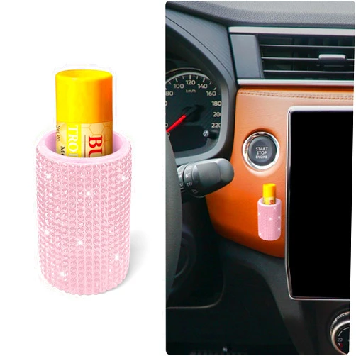 Xbrtaia 1 Pack Upright Car Chapstick Holder, Bling Insulating Lip Balm Holder,Rhinestone Car Accessories for Women Interior,Suitable for Most Vehicles.(Pink)