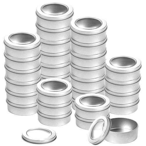 Yesland 30 Pack 2 Ounce Metal Tin Cans - Round Empty Containers with Clear Top for Candles, Arts & Crafts, Storage in Kitchen & Office Use