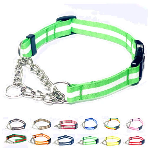 PUROAYET Martingale Collar for Dogs,Adjustable Nylon Collars with Quick Release Buckle,Multicolor Stripe,Stainless Steel Chain NO Pull Training Collars for Samll Medium Large Dogs(Green and White,M)