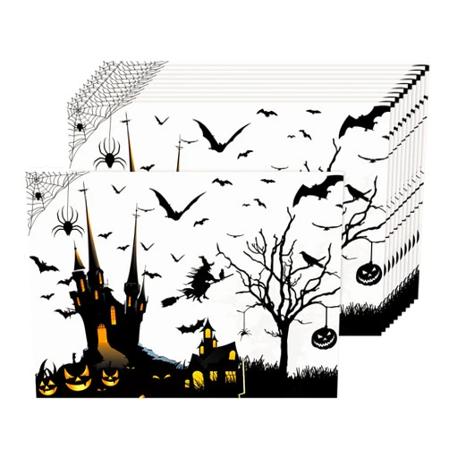 CHAROUP 50PCS Halloween Theme Place Mats Disposable Paper Placemats 16x11 Inch Bat Dark Castle Tree Table Mats for Party Holiday Kitchen Dining Halloween Decoration