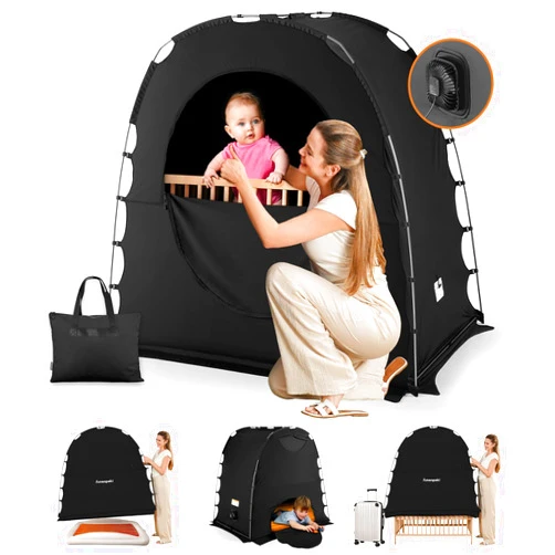 Amenpoki Blackout Tent for Baby, Sleep Pods Pack N Play Blackout Cover, Portable Travel Crib and Sleep Pod for Kids with Monitor Pouch and Fan Pouch, Blocks 95%+ Light, Black