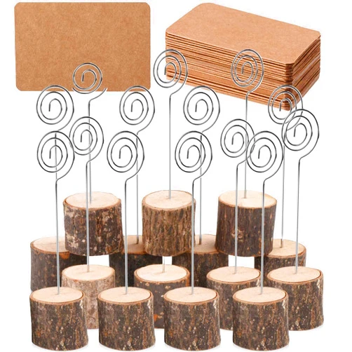 Toncoo 20Pcs Premium Wood Place Card Holders with Swirl Wire and 30 Pcs Kraft Place Cards, Memo Holder, Table Number Holders Stands, Name Cards Photo Holders for Wedding Party Sign Food Cards Label