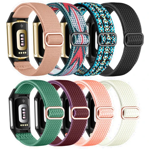 Zspoly 8 Pack Elastic Soft Adjustable Stretchy Nylon Sport Bands Compatible with Fitbit Charge 5 Bands Men Women