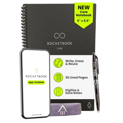 Rocketbook Core Reusable Smart Notebook, Lined Pages For School, Work and Creative Projects, Executive Size 6x8.8, Black - Premium
