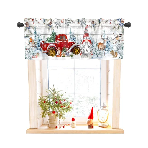 BUWOOGER Rod Pocket Window Valances Christmas Gnome Red Truck Robin Short Kitchen Curtains Pinecone Retro Wood Board Window Treatment Drapes for Bedroom Bathroom Living Room 54x18In,1 Panel