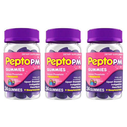 Pepto Bismol Pepto PM Gummies with Melatonin for Sleep Support, Fast and Effective Digestive Relief from Heartburn, Indigestion, Upset Stomach and Sleeplessness - Berry Flavor, 24 Ct (Pack of 3)