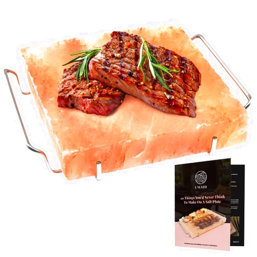 UMAID Himalayan Salt Block For Grilling, Cooking, Cutting and Serving,8X8X1.5 Food Grade Himalayan Pink Salt Stone on Stainless Steel Plate & Recipe Pamphlet, Unique Gifts for Men, Women, Chef, Cooks