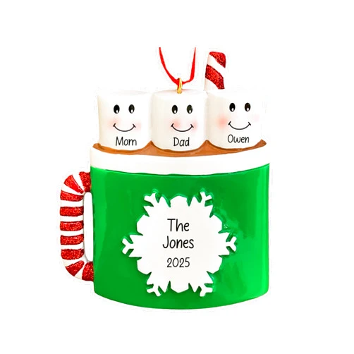 UniqXmas Personalized Marshmallow Family of 3 Christmas Ornament 2025 | Hot Cocoa & Chocolate Cup for Xmas Tree | First Christmas as Family of Three, New Parents Keepsake Gift – Custom Name & Year