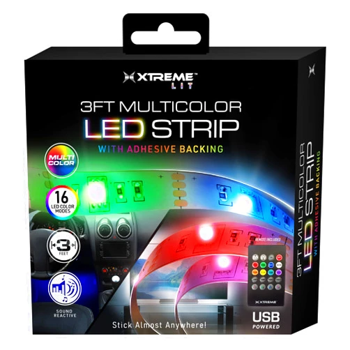 XTREME DIGITAL LIFESTYLE ACCESSORIES Xtreme Multicolored LED Strip Lights with Remote, Color Changing 3 Foot USB Powered RGB+IC Lights Strip with Adhesive Backing, 16 LED Colors, 4 Modes Including Flashing, Strobe, Fade, & Smooth