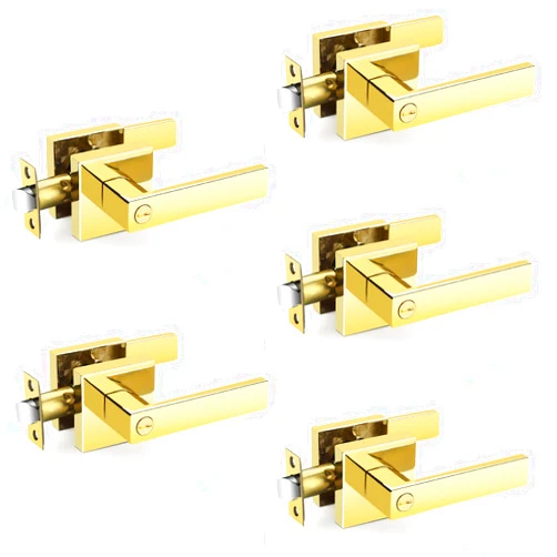 EHOMEWARE 5 Pcs Polished Brass Door Handles for Bedroom Bathroom, Door Knobs Interior in Gold Finish, Privacy Door Levers Heavy Duty Contructions, Keyless Interior Door Knobs, Modern Door Levers