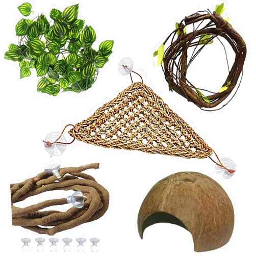 PINVNBY Bearded Dragon Tank Accessories,Lizard Habitat Hammock Reptile Natural Coconut Shell Cave Jungle Climber Bendable Vines Leaves Decor for Gecko Chameleon Snakes Lizards(5 Pcs)