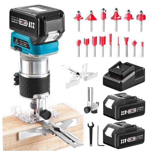 Avhrit Cordless Compact Router, Wood Router Tool With 2PCS 4.0Ah Batteries, 21V Brushless Portable Handheld Palm Routers for Woodworking, Wood Trimmer Cutting with 15 pieces 1/4