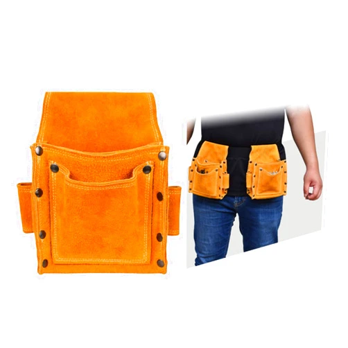 Shenqiao Leather Apron Tool Belt Bag Carpenter Tool Belt Leather Waist Four Layers of Cowhide Thickened at The Bottom, Split Design Pockets Used for Home Decoration, Network Installation, Woodworking