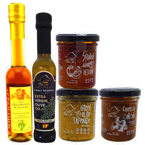 CHEF OLÉ WWW.CHEFOLE.COM Chef Ole Miro Gourmet gift basket 5-pc. Raise your cooking to a new level. Oloroso Vinegar, Extra Virgin olive oil,Spanish gourmet ketchup, Caramelized onions & Green olive tapenade. Master chef ingredients.