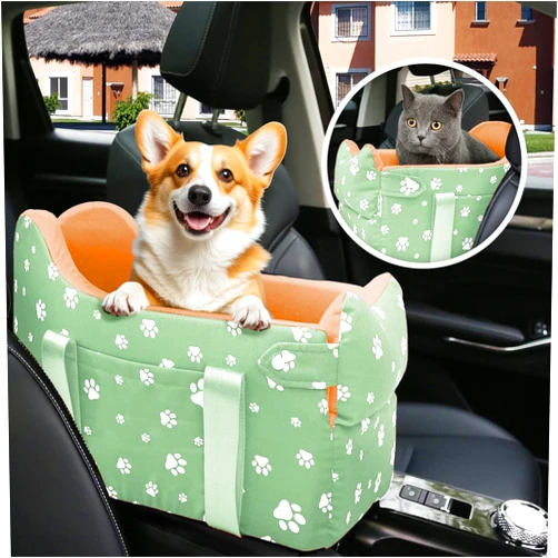 Cullaby Small Dog Car Seat Console Booster Safety Seat for Pets up to 15 lbs, with Safety Leashes, Storage Pockets, Portable Dog Carrier Travel Gift for Dogs and Dog Lovers (Green)